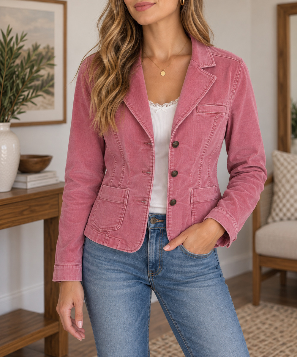 Womens Pink Corduroy Jacket Sz L Long Sleeve Pockets Figure Skimming Vintage Y2K